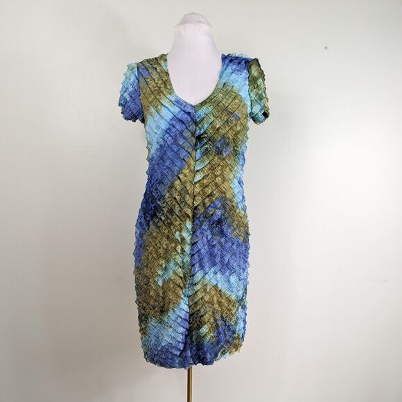Watercolor Ruffle Mini Dress Short Sleeve Blue Green Tie Dye Tropical Stretch M - Picture 1 of 10